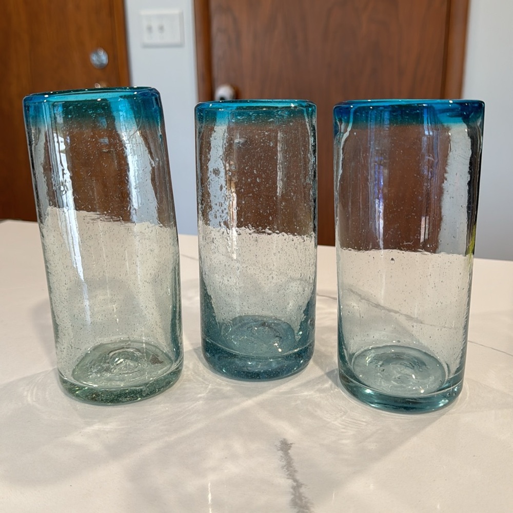 Bubble Glass Highball Tumbler Hand Blown Set of 3 -Blue - Picture 3 of 10